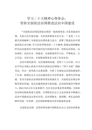 学习二十大精神心得体会：坚持全面依法治国推进法治中国建设.docx