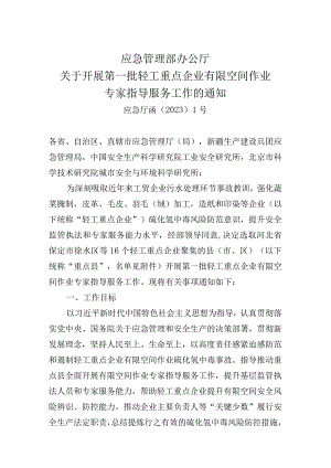 应急管理部办公厅关于开展第一批轻工重点企业有限空间作业专家指导服务工作的通知.docx