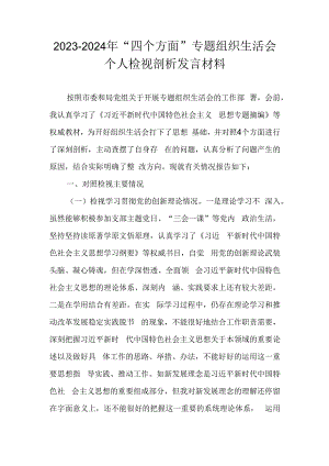 2023-2024年“四个方面”专题组织生活会个人检视剖析发言材料.docx