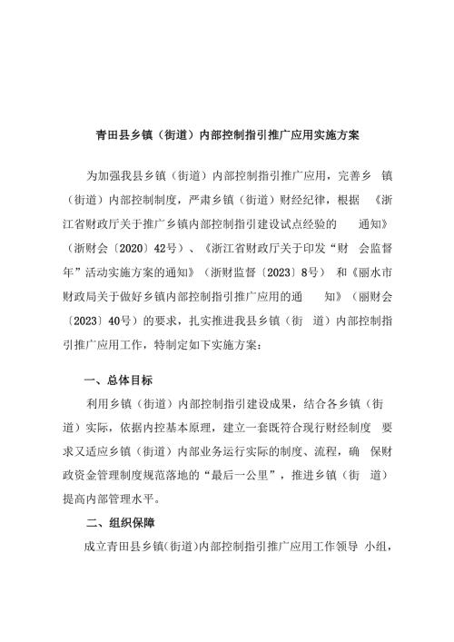 青田县乡镇街道内部控制指引推广应用实施方案.docx