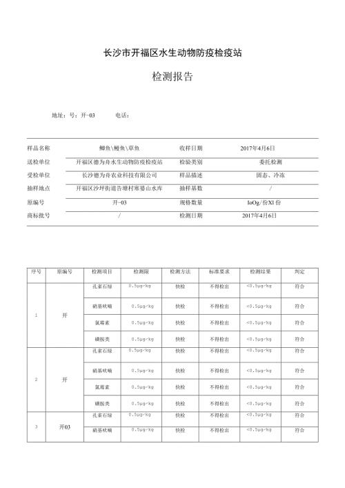 长沙市开福区水生动物防疫检疫站检测报告.docx