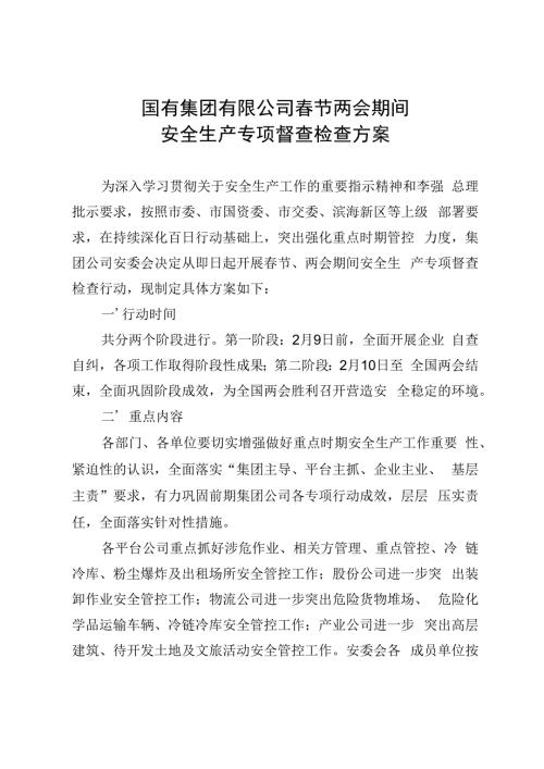 国有集团公司春节、两会期间安全生产专项督查检查方案（2024最新版）.docx