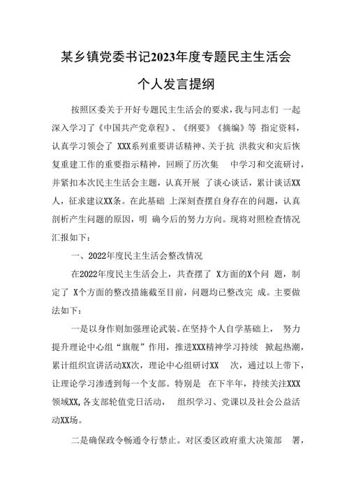 某乡镇党委书记2023年度专题民主生活会个人发言提纲.docx