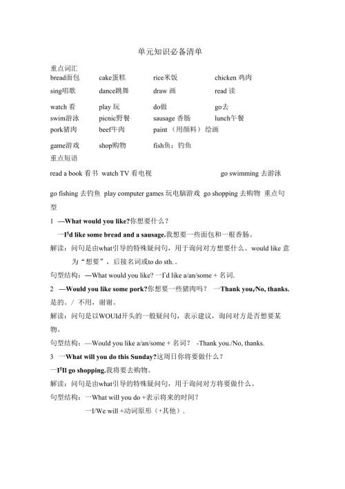 Unit 5 What will you do this weekend单元知识必备清单.docx