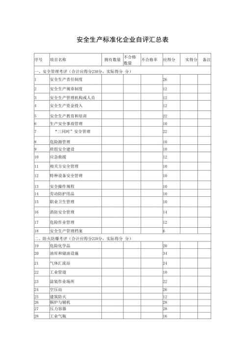 XX企业安全生产标准化企业自评汇总表023年）.docx